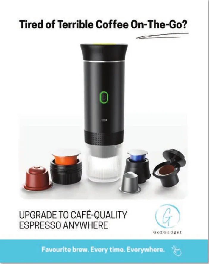 Portable espresso ad: café-quality coffee anywhere